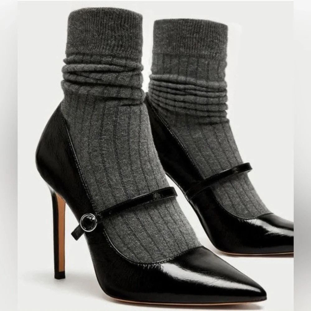 New with Tag Zara High Heel Stilletoes Sock Style Court Sock Shoes Black Sz 6👠 - Picture 8 of 9